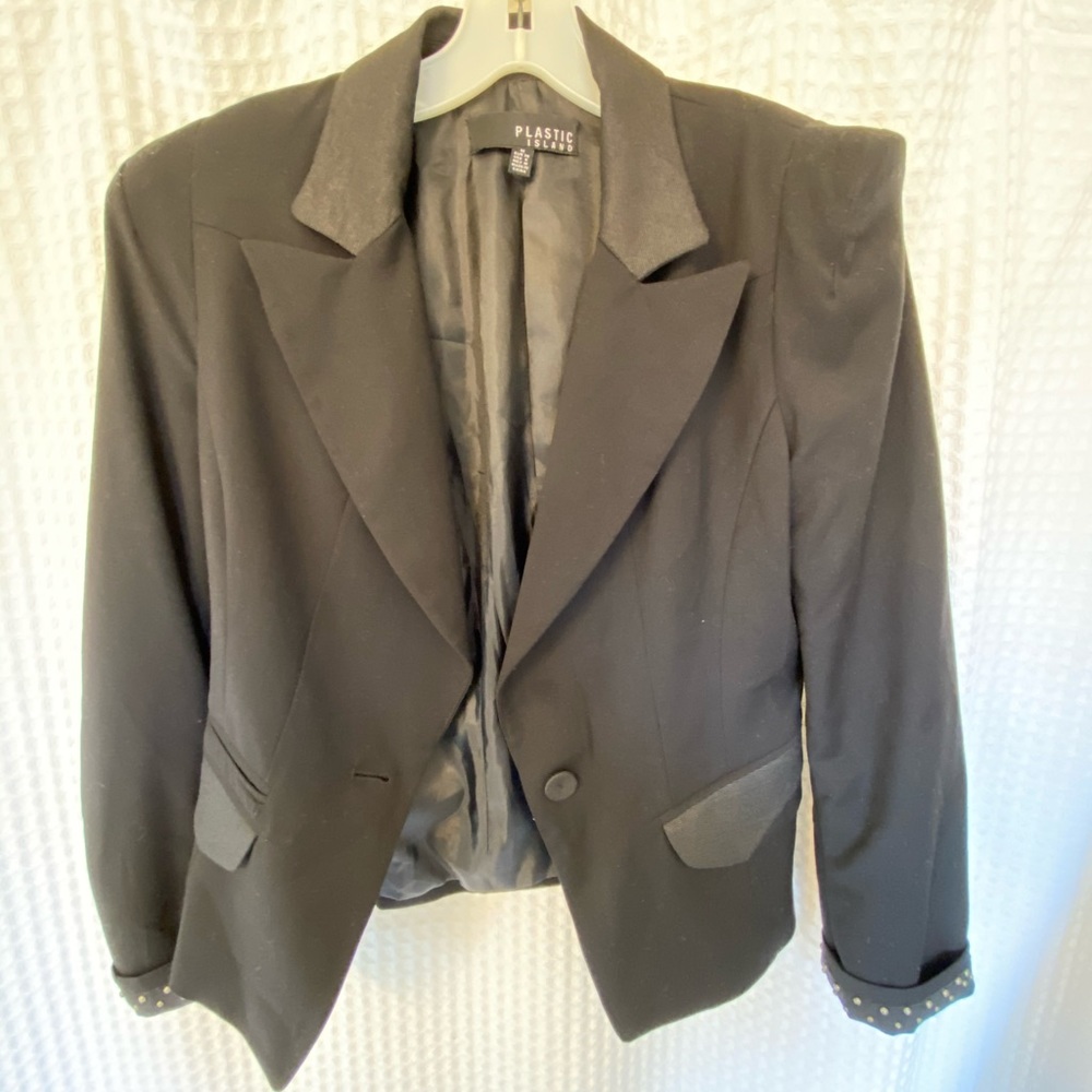 Plastic Island black shoulder pad blazer